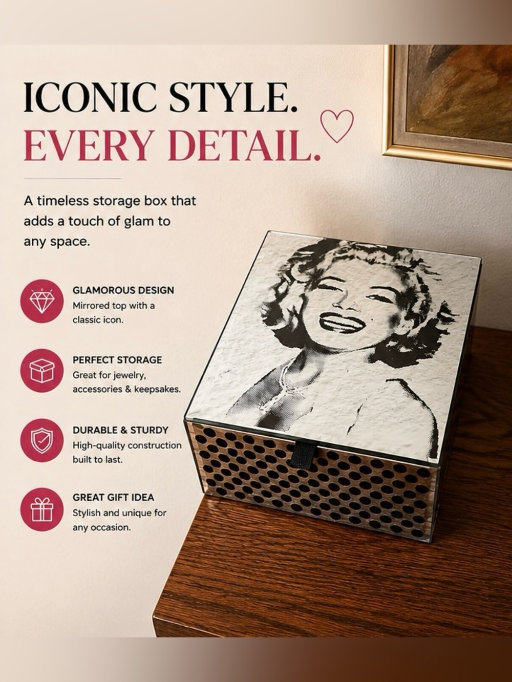 Marilyn Monroe Decorative Keepsake Box Black White Mirrored Jewelry Trinket Box
